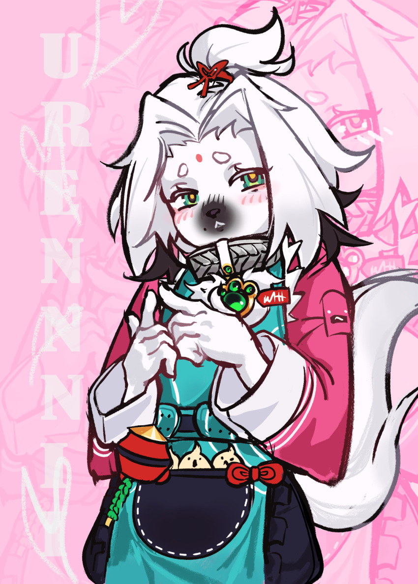 blush, cairn, cairn_(zenless_zone_zero), colored_skin, dress, furry, green_dress, green_eyes