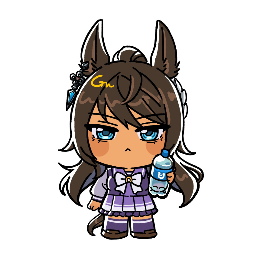 1girl, animal_ears, blue_eyes, blush, bottle, breasts, brown_hair, chibi