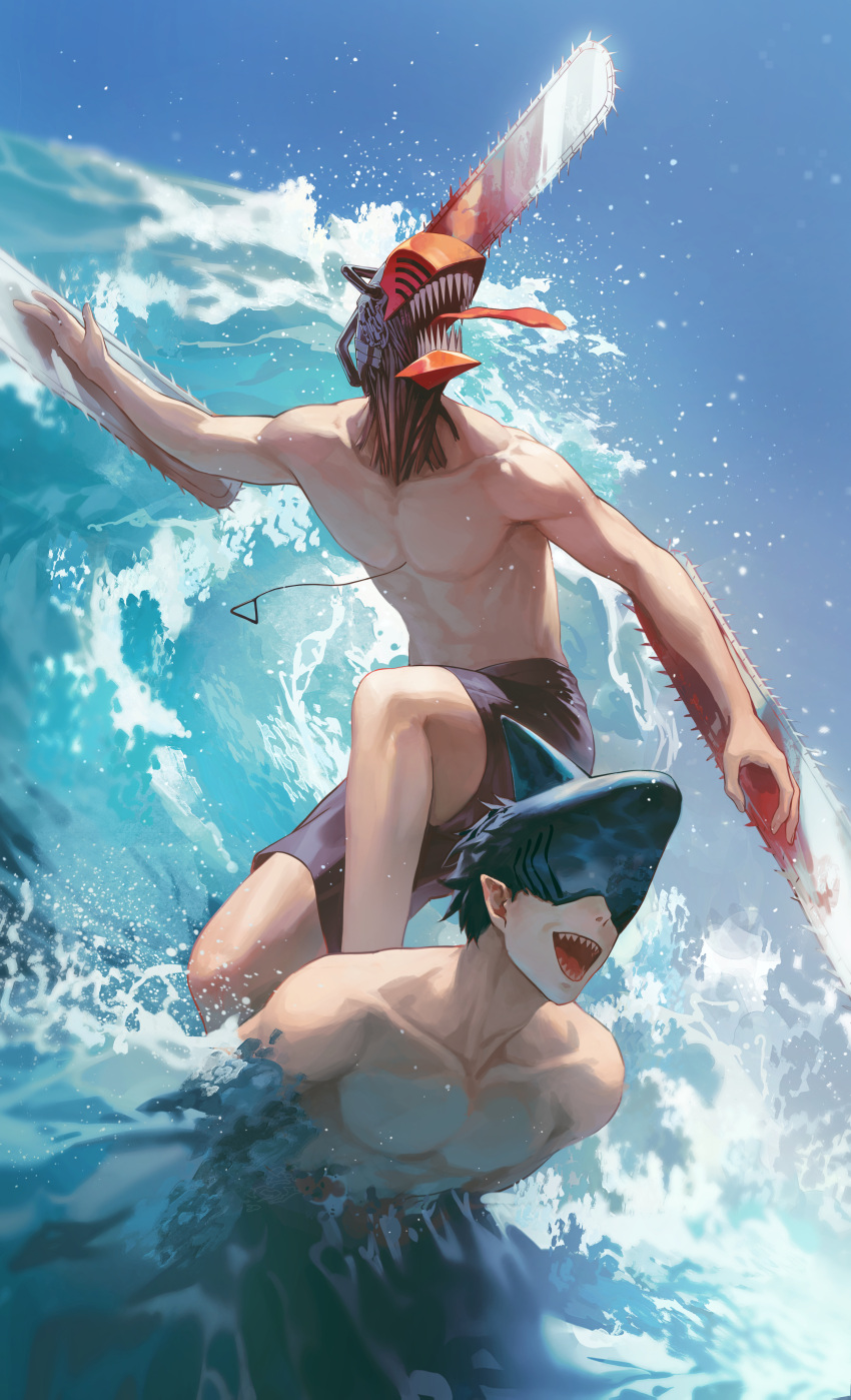 2boys, absurdres, alohayuja, alternate_form, beam_(chainsaw_man), black_swim_trunks, blue_sky, chainsaw, chainsaw_man, day, denji_(chainsaw_man), highres, long_tongue, male_focus, multiple_boys, ocean, outdoors, pull_cord, shark_boy, sharp_teeth, sky, teeth, tongue, tongue_out, water, waves