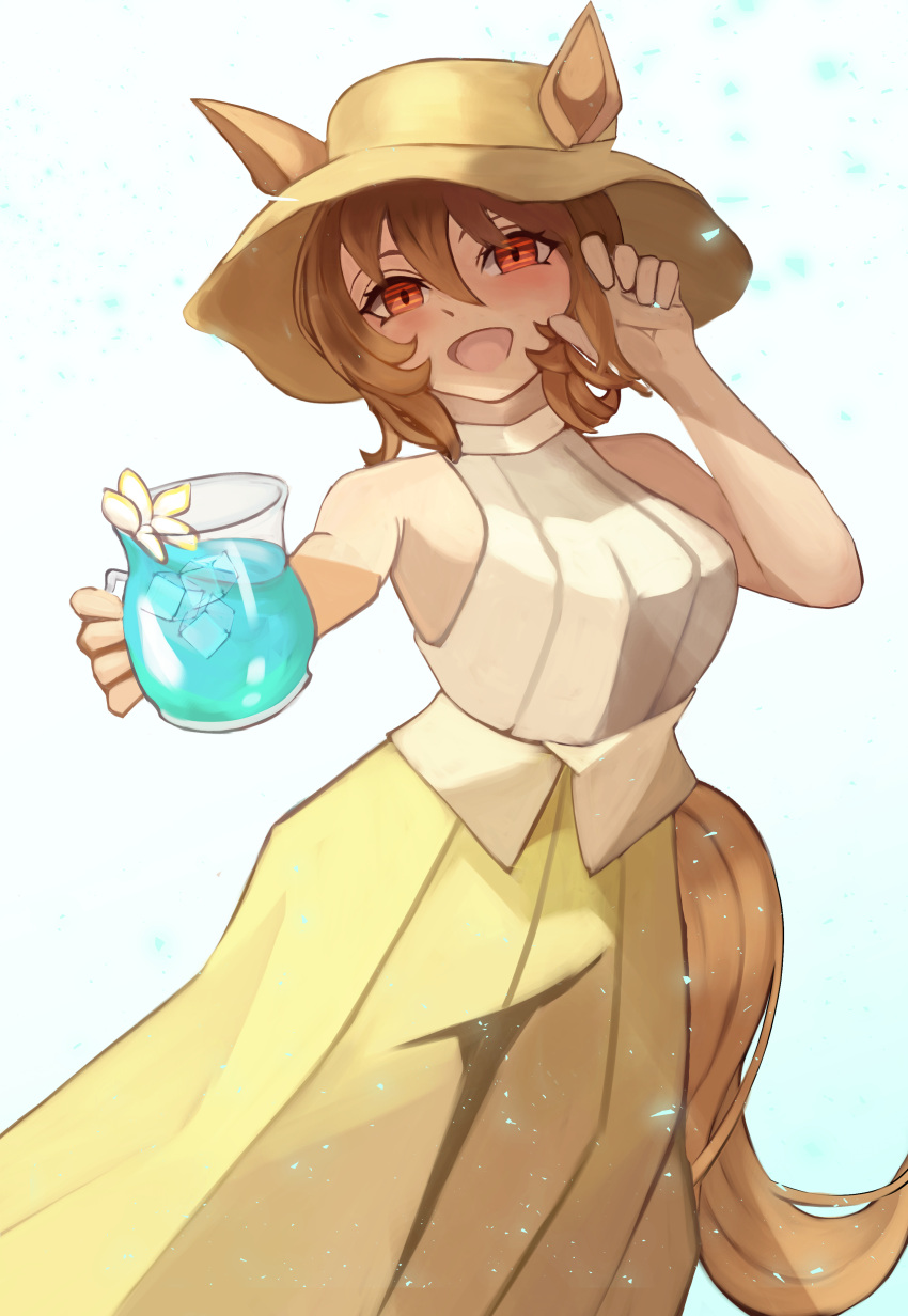 1girl, absurdres, agnes_tachyon_(umamusume), alternate_costume, animal_ears, bare_shoulders, blush, breasts, brown_hair, ears_through_headwear, hair_between_eyes, hat, highres, holding_pitcher, horse_ears, horse_girl, horse_tail, ice, ice_cube, iko_(saikoro_k0702), looking_at_viewer, open_mouth, pants, pitcher_(container), red_eyes, shirt, short_hair, sleeveless, sleeveless_shirt, smile, solo, sun_hat, tail, umamusume, white_shirt, yellow_pants
