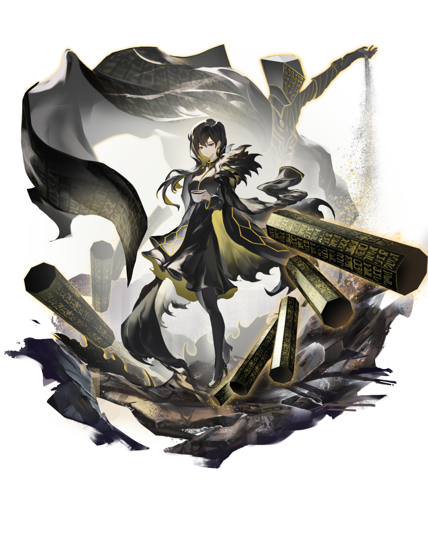 1girl, absurdres, artist_name, binah_(project_moon), black_coat, black_dress, black_eyes, black_hair