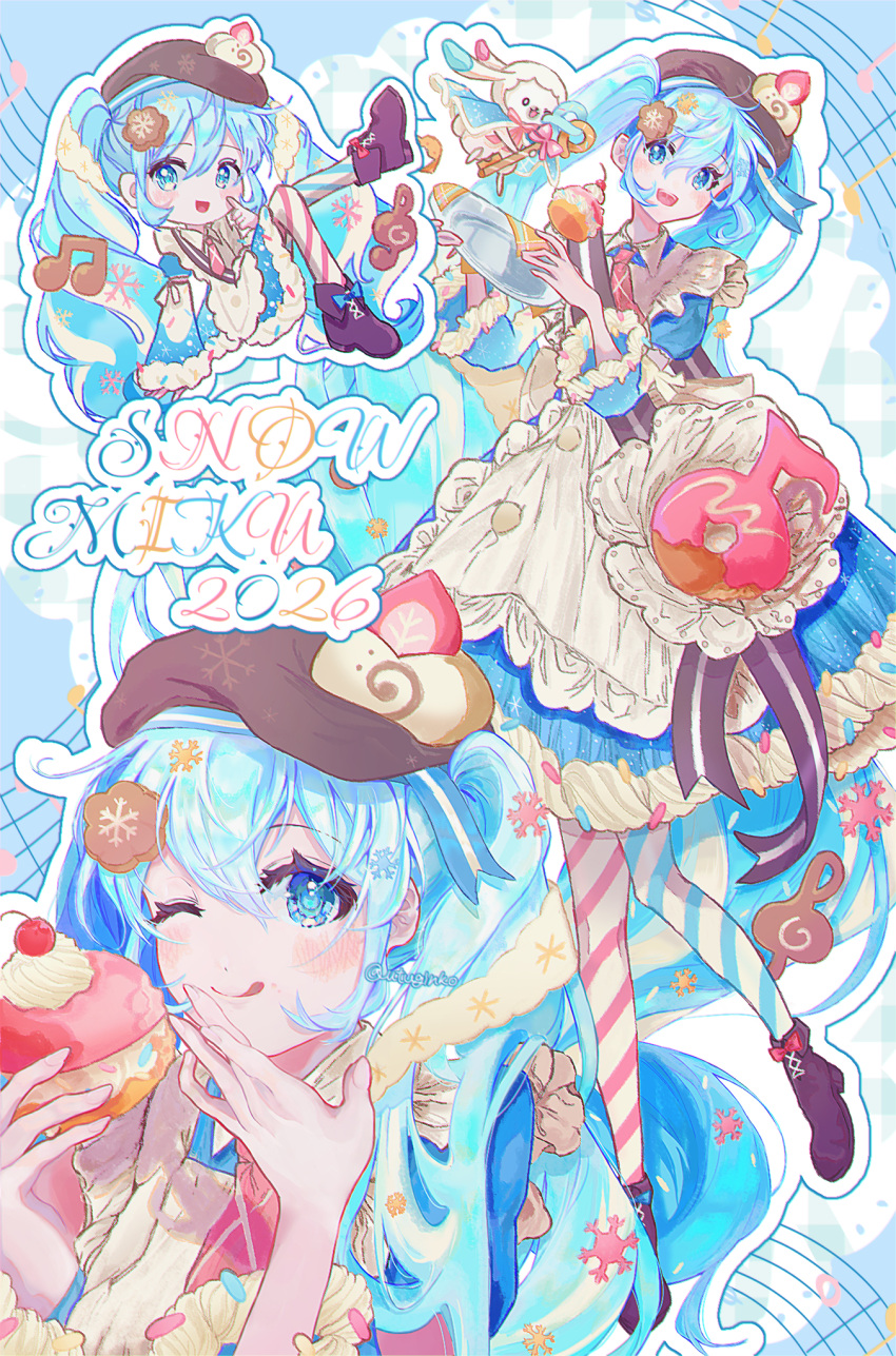 1girl, apron, aqua_eyes, aqua_hair, blue_dress, blush, boots, brown_boots, cake, closed_mouth, cookie_hair_ornament, dress, food, food-themed_hair_ornament, hair_between_eyes, hair_ornament, hand_up, hatsune_miku, highres, holding, holding_plate, long_hair, long_sleeves, looking_at_viewer, musical_note, musical_note_hair_ornament, official_alternate_costume, official_alternate_hairstyle, open_mouth, plate, rabbit, rabbit_yukine, smile, strawberry_swiss_roll, swiss_roll, tongue, tongue_out, twintails, utuginko696, very_long_hair, vocaloid, white_apron, yuki_miku, yuki_miku_(2026)