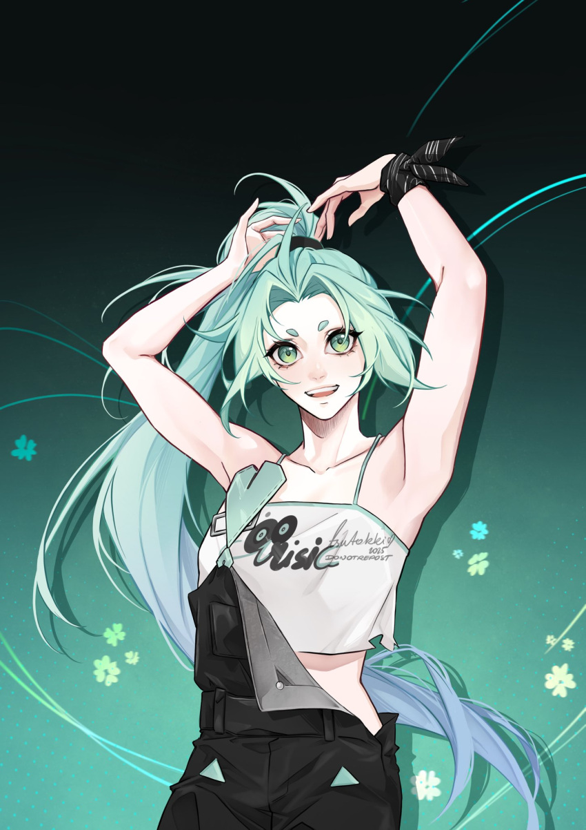 aqua_background, aqua_eyes, aqua_hair, black_overalls, black_ribbon, camisole, casual, clothes_writing