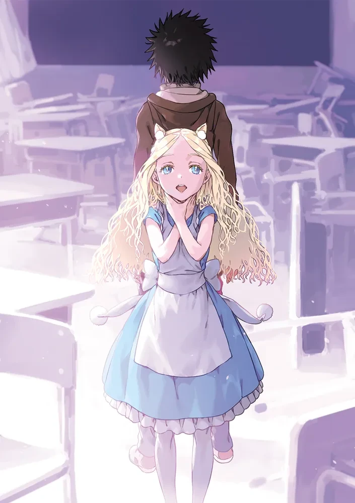 1boy, 1girl, age_difference, alice_anotherbible, animal_ears, apron, back-to-back, black_hair