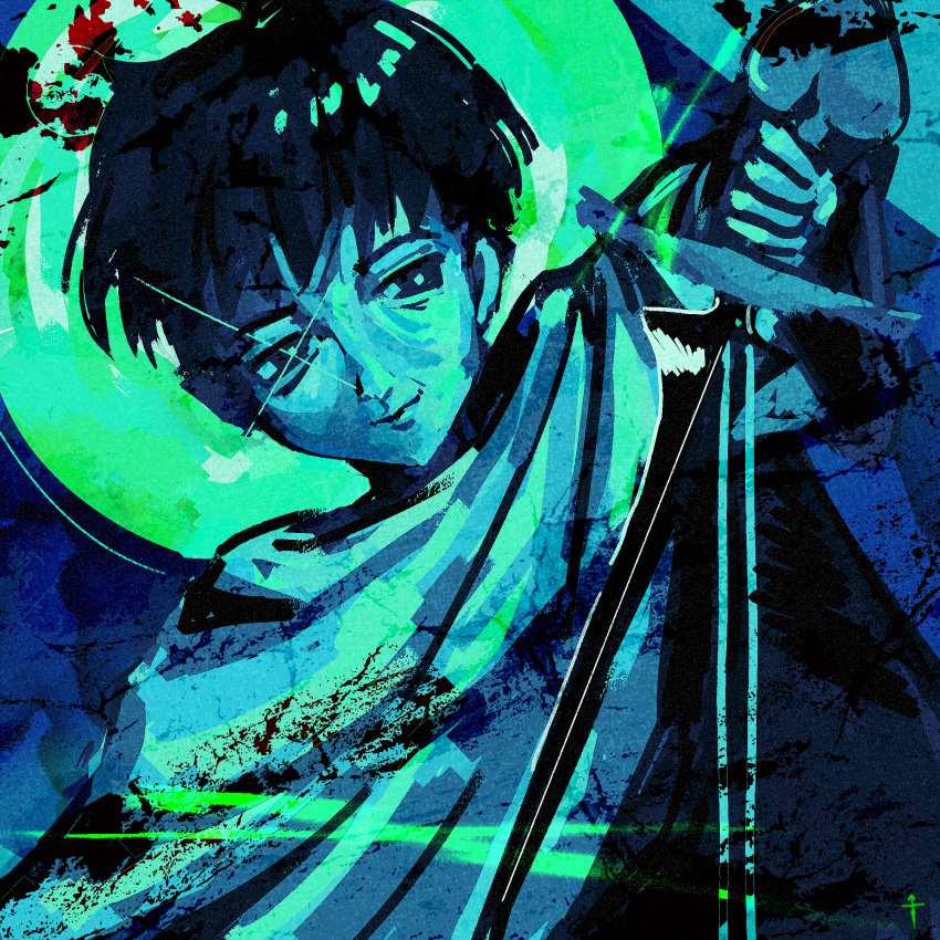 absurdres, black_coat, black_eyes, black_hair, coat, cross, green_background, green_light