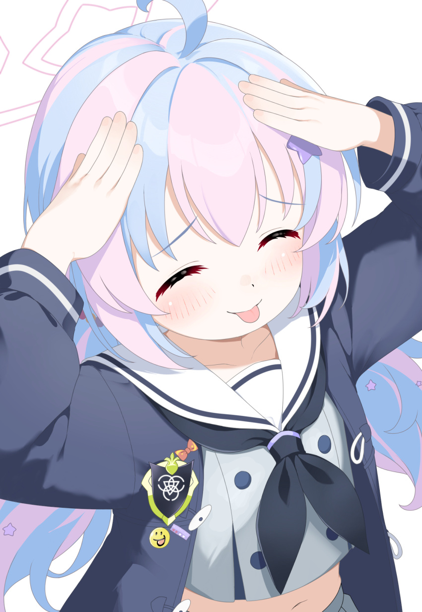 1girl, ah_eto..._bleh_(meme), ahoge, black_neckerchief, blue_archive, blue_hair, blush, buttons