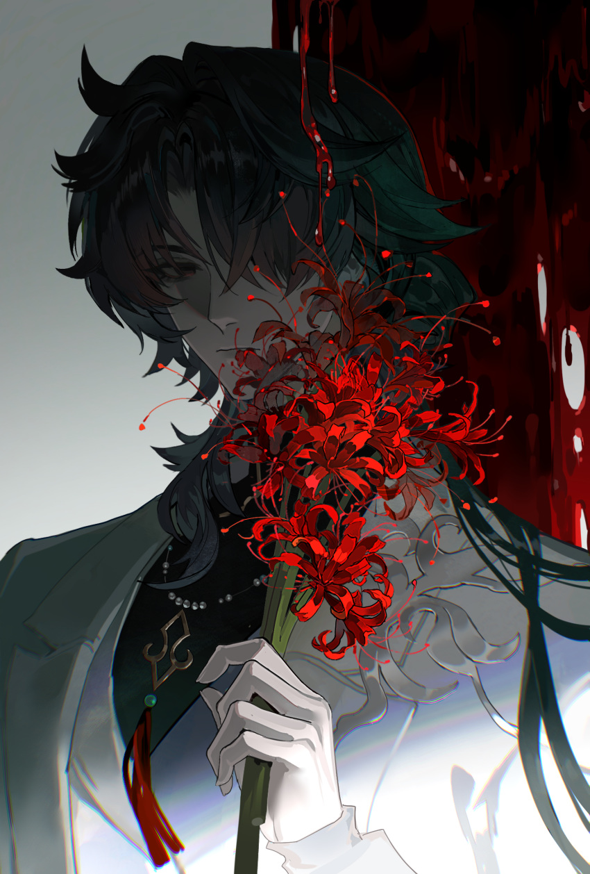 1boy, black_shirt, blade_(good_me)_(honkai:_star_rail), blade_(honkai:_star_rail), blood, blue_hair, blue_jacket, chinese_commentary