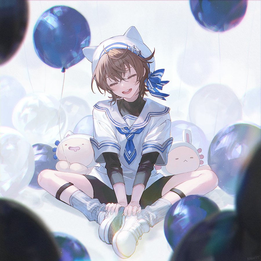 1boy, :d, ^_^, animal_ear_headwear, balloon, bishounen, black_shorts, blue_neckerchief, brown_hair, butterfly_sitting, calf_strap, closed_eyes, commentary_request, grey_socks, hat, layered_sleeves, light_blush, long_sleeves, male_focus, nagu, neckerchief, original, shirt, shoes, short_over_long_sleeves, short_sleeves, shorts, sitting, smile, socks, solo, teeth, upper_teeth_only, white_hat, white_shoes