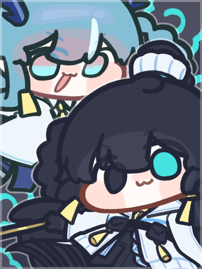 1boy, 1girl, arknights, black_hair, blue_eyes, blue_hair, chinese_clothes, dragon_horns
