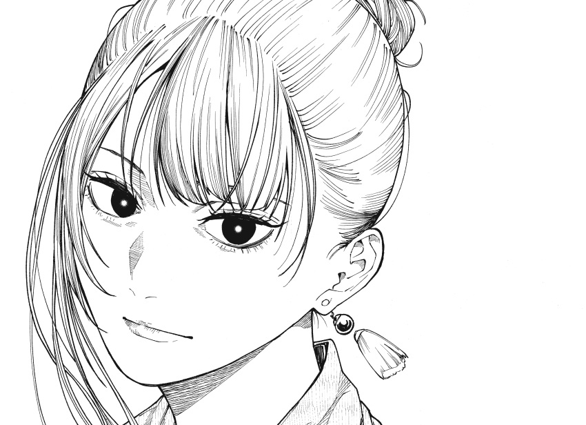 1girl, absurdres, akane-banashi, asymmetrical_bangs, black_eyes, close-up, closed_mouth, earrings, eyelashes, greyscale, hair_bun, highres, jewelry, lips, looking_at_viewer, monochrome, moue_takamasa, non-web_source, official_art, osaki_akane, portrait, short_hair, single_hair_bun, solo, swept_bangs, white_background
