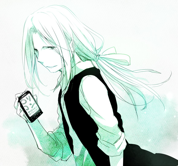 1boy, black_vest, dress_shirt, from_side, grin, holding, holding_phone, kimijima_kou