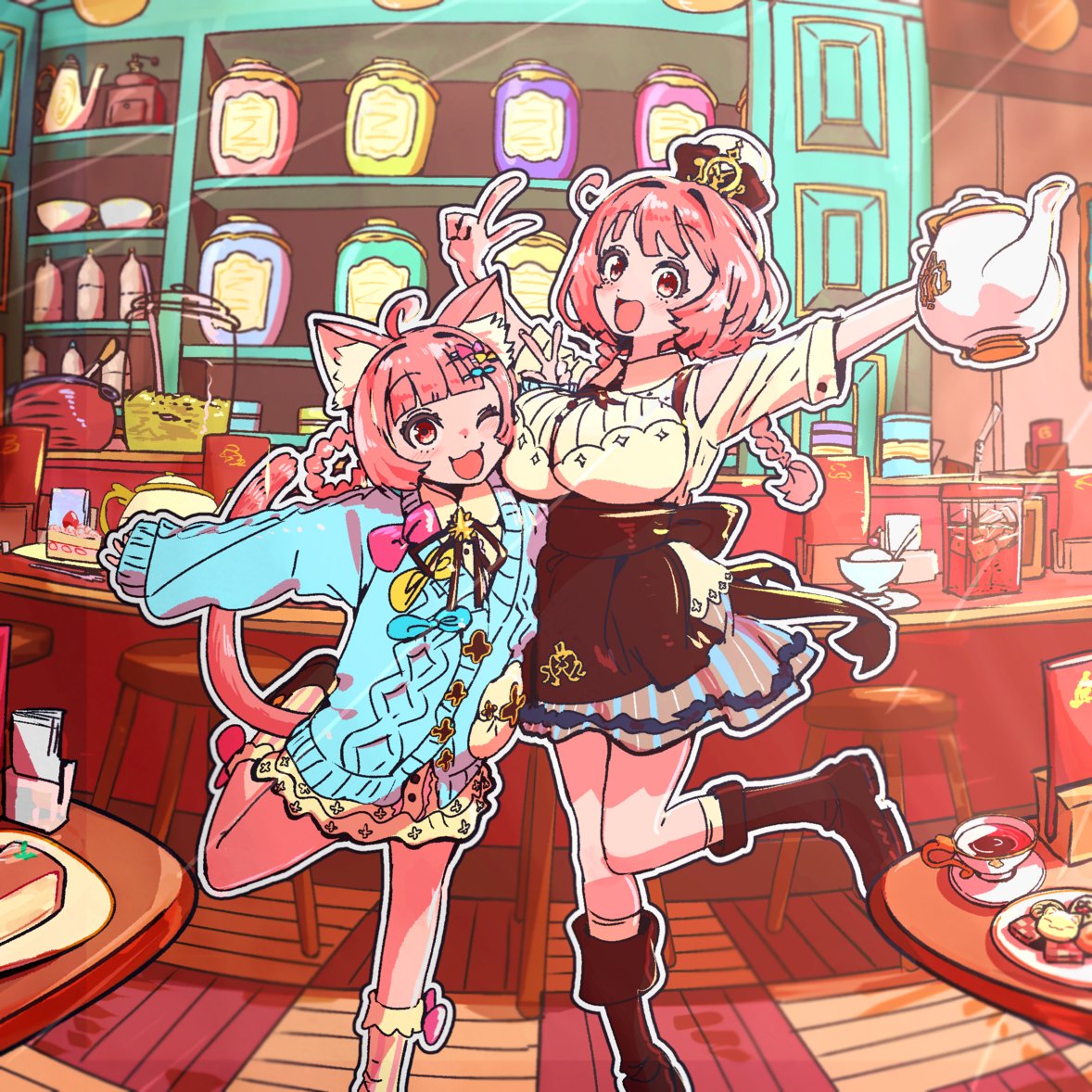 2girls, :3, :d, ahoge, animal_ears, blue_sweater, boots, braid