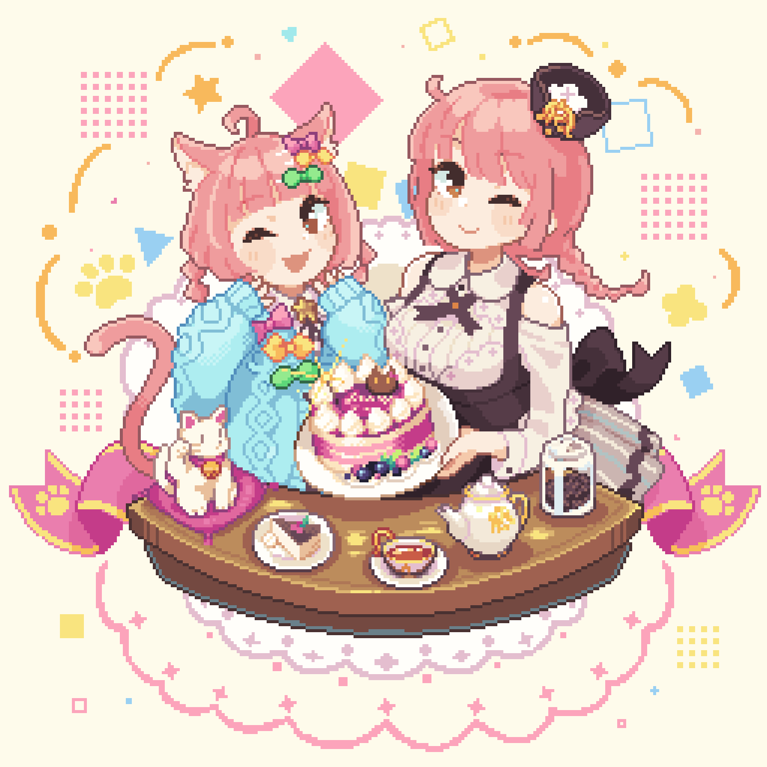 2girls, :d, ahoge, animal_ears, bare_shoulders, blue_sweater, blunt_bangs, braid