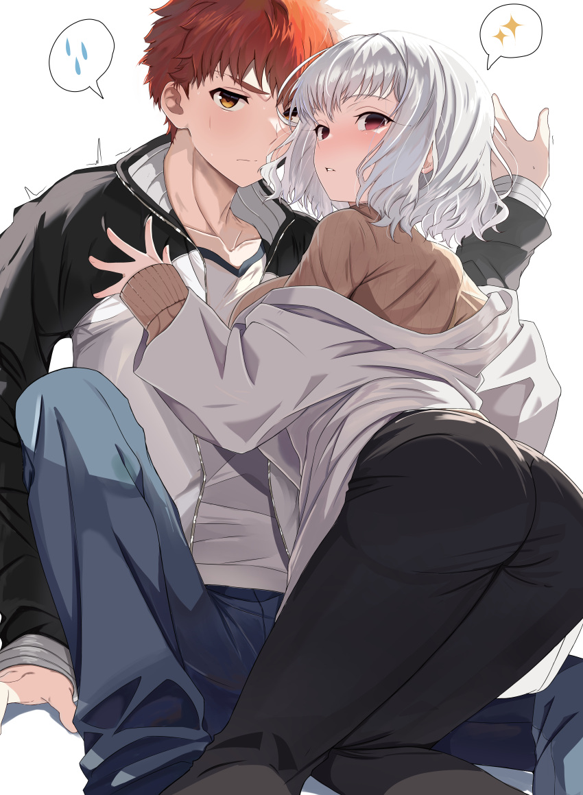 1girl, absurdres, black_jacket, breasts, coat, couple, emiya_shirou, fate/stay_night