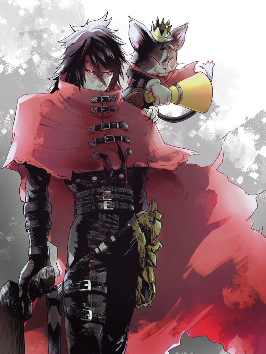 1boy, belt, black_gloves, black_hair, black_jacket, black_pants, cait_sith_(final_fantasy), cape