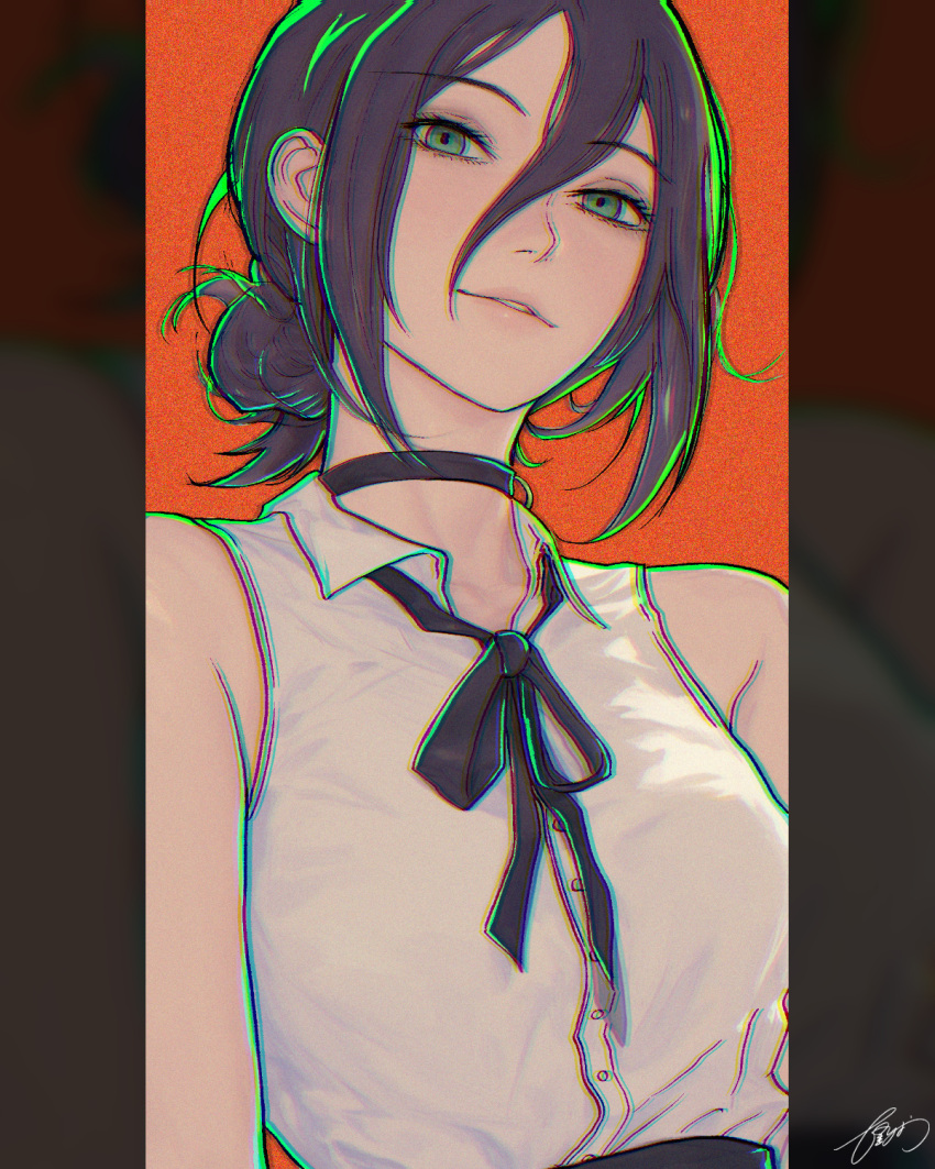 1girl, black_choker, black_hair, black_ribbon, chainsaw_man, choker, collared_shirt, green_eyes