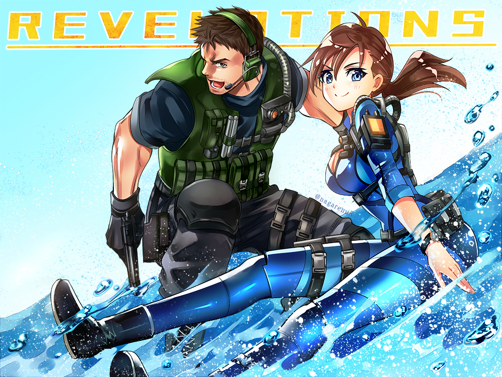 1boy, 1girl, black_hair, blue_eyes, blue_wetsuit, bodysuit, brown_hair, chris_redfield