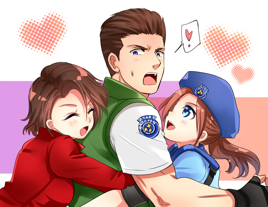 1boy, 2girls, beret, black_gloves, blush, brown_hair, chris_redfield, claire_redfield