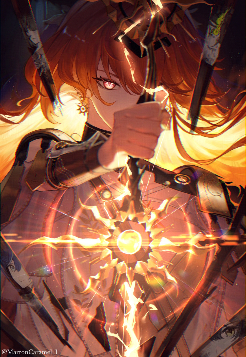 armlet, augusta_(wuthering_waves), caramelmarron, copyright_request, highres, jewelry, light_particles, orange_eyes, orange_hair, sword, weapon