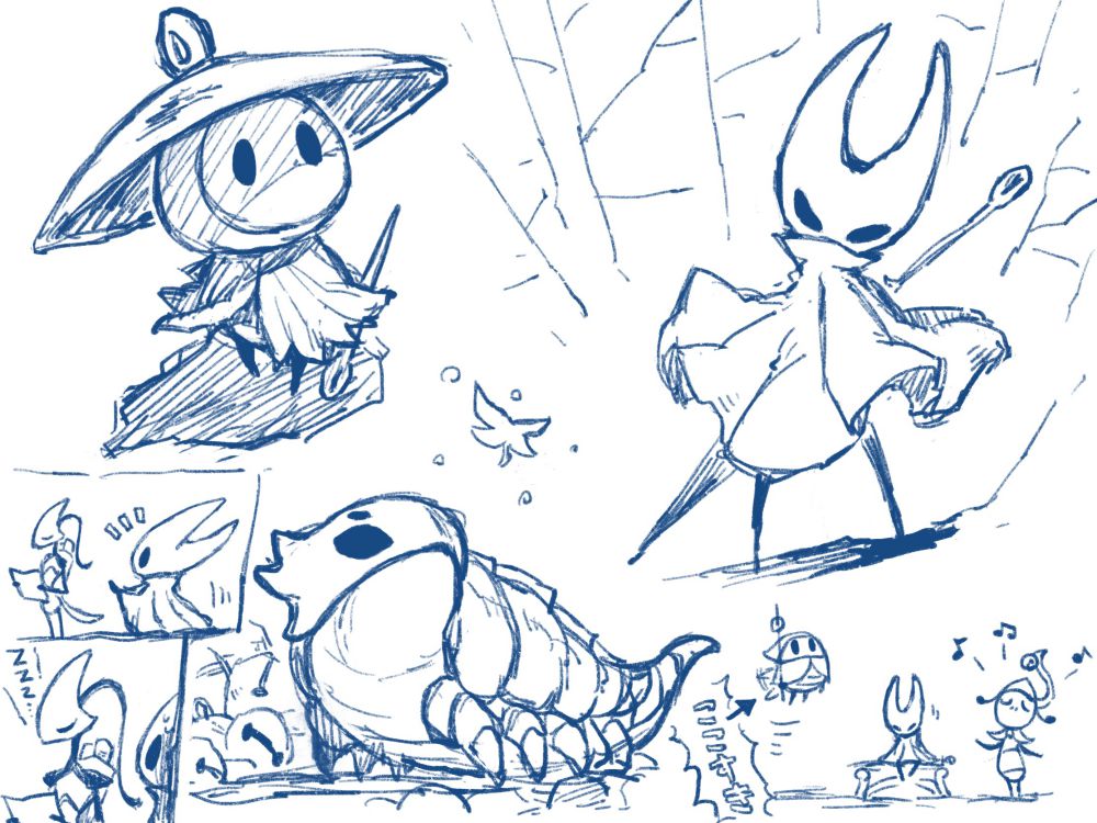1other, 2boys, 2girls, arthropod_boy, arthropod_girl, bell, bell_beast_(hollow_knight), blue_theme, cloak, closed_eyes, flying, fuifui, holding, holding_weapon, hollow_eyes, hollow_knight, hollow_knight:_silksong, hornet_(hollow_knight), jingle_bell, monochrome, multiple_boys, multiple_girls, music, musical_note, needle_(hollow_knight), pavo_(hollow_knight), pin_(hollow_knight), pondcatcher_reed_(hollow_knight), shakra_(hollow_knight), sherma_(hollow_knight), singing, sitting, sleeping, sweat, translation_request, weapon, wings, zzz