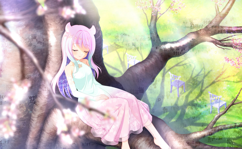 1girl, above-cleavage_cutout, artist_request, bare_shoulders, barefoot, chair, cherry_blossom_print, closed_eyes, closed_mouth, clothing_cutout, collarbone, colored_inner_hair, day, detached_sleeves, dot_nose, dress, eternal_sakura, eyelashes, feet, field, floral_print, flower_cutout, foot_out_of_frame, game_cg, glitch, gradient_clothes, gradient_dress, green_dress, hair_horns, halter_dress, halterneck, hand_on_lap, happy, highres, light_blush, light_rays, long_hair, long_sleeves, magia_record:_mahou_shoujo_madoka_magica_gaiden, mahou_shoujo_madoka_magica, mahou_shoujo_madoka_magica_magia_exedra, multicolored_hair, official_art, on_tree, outdoors, pink_dress, pink_hair, print_dress, purple_hair, see-through_clothes, see-through_dress, shadow, sidelocks, sitting, sleeping, smile, solo, sunlight, toes, two-tone_dress, two-tone_hair, very_long_hair, wavy_hair, white_sleeves