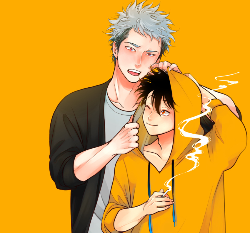 2boys, adam's_apple, arm_up, black_cardigan, black_hair, cardigan, cigarette, clothes_grab
