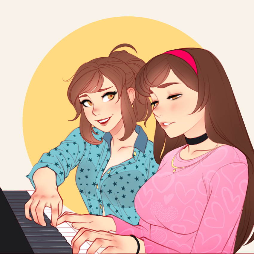2girls, absurdres, armlet, black_bra, black_choker, bra, breasts, brown_eyes