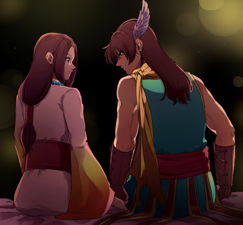1boy, 1girl, aqua_tunic, arm_guards, ashlay_(dq10), bead_necklace, beads, black_background