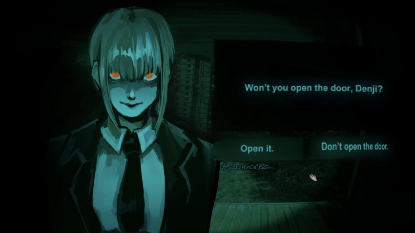 1girl, chainsaw_man, closed_mouth, coat, collared_shirt, cursor, english_text, green_theme