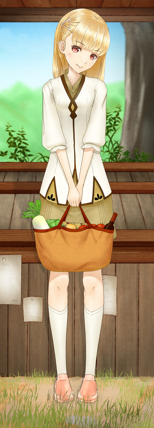 alcohol, apple, bag, blonde_hair, cabbage, closed_mouth, commentary, food