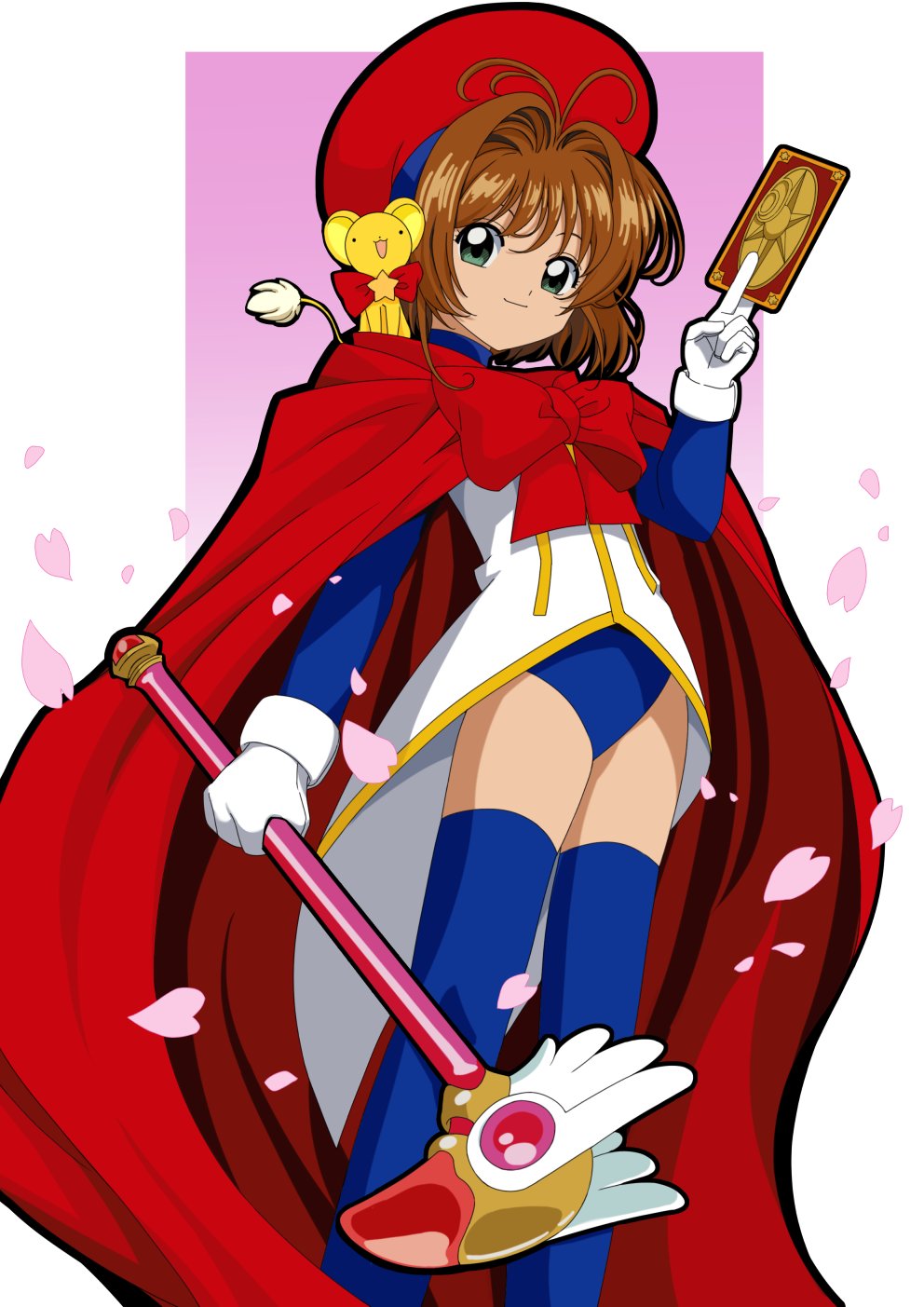 1girl, blue_leotard, blue_thighhighs, bob_cut, bow, brown_hair, card, cardcaptor_sakura, cloak, closed_mouth, clow_card, cowboy_shot, falling_petals, gesugesu_ahoaho, green_eyes, hat, highres, holding, holding_card, holding_staff, kero_(cardcaptor_sakura), kinomoto_sakura, kinomoto_sakura_(shadowy_night), leotard, looking_at_viewer, magical_girl, petals, red_bow, red_cloak, red_hat, rose_petals, short_hair, smile, staff, thigh-highs