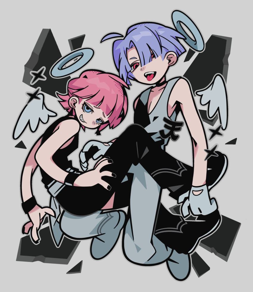 2boys, ahoge, angel, angel_wings, aqua_eyes, bare_shoulders, belt, black_jumpsuit, black_nails, blue_hair, blunt_bangs, brothers, clothing_cutout, commentary, full_body, glove_cutout, gloves, grey_background, grin, halo, hashtag-only_commentary, highres, jitome, jumpsuit, looking_at_viewer, male_focus, multiple_boys, nail_polish, panty_&amp;_stocking_with_garterbelt, parted_bangs, pink_hair, poa_poa05, polyester_(psg), polyurethane_(psg), red_eyes, short_hair, siblings, smile, teeth, tongue, tongue_out, upper_teeth_only, white_gloves, white_jumpsuit, white_wings, wings, wristband