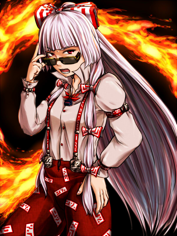 adjusting_glasses, amogiri, bow, fire, fujiwara_no_mokou, glasses, hair_bow, hand_on_hip, jewelry, long_hair, looking_at_viewer, multicolored_hair, necklace, solo, sunglasses, suspenders, touhou