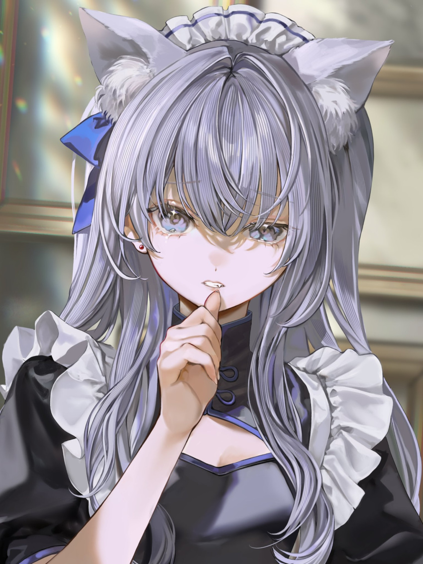 1girl, animal_ear_fluff, animal_ears, blue_hair, blue_ribbon, cat_ears, cleavage_cutout, clothing_cutout