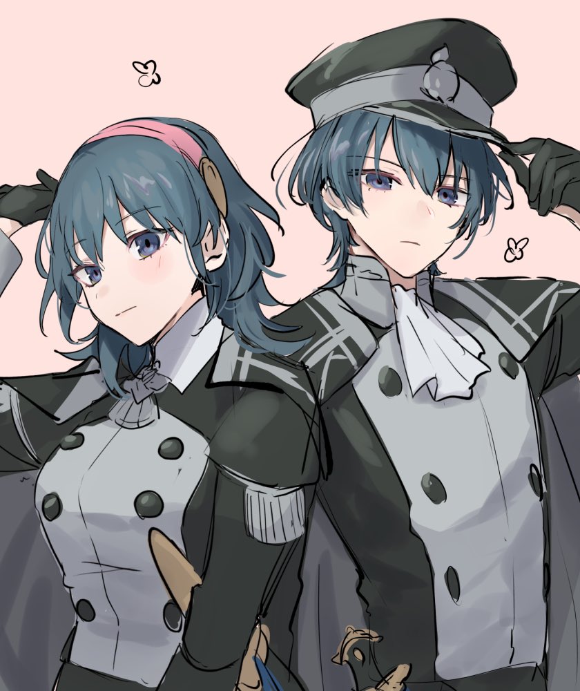 1boy, 1girl, black_gloves, black_hat, blue_eyes, blue_hair, buttons, commentary_request
