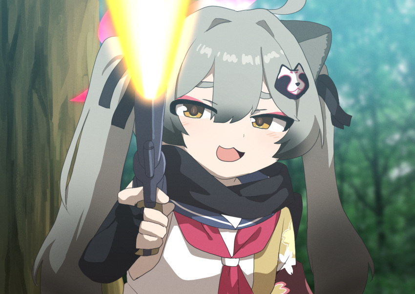1girl, animal_ears, black_gloves, black_scarf, blue_archive, blurry, blurry_background, elbow_gloves