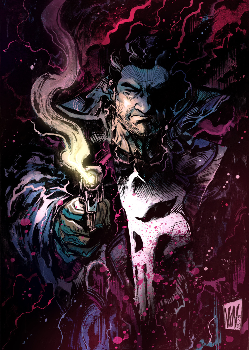 abstract_background, aiming, black_gloves, black_hair, black_jacket, broad_shoulders, closed_eyes, closed_mouth, dark_background, finger_on_trigger, frank_castle, gloves, gun, handgun, highres, holding, holding_gun, holding_weapon, jacket, long_sleeves, male_focus, marvel, open_clothes, open_jacket, short_hair, skull_print, smoke, smoking_barrel, solo, the_punisher_(character), the_punisher_(series), vinartwork, weapon, western_comics_(style)