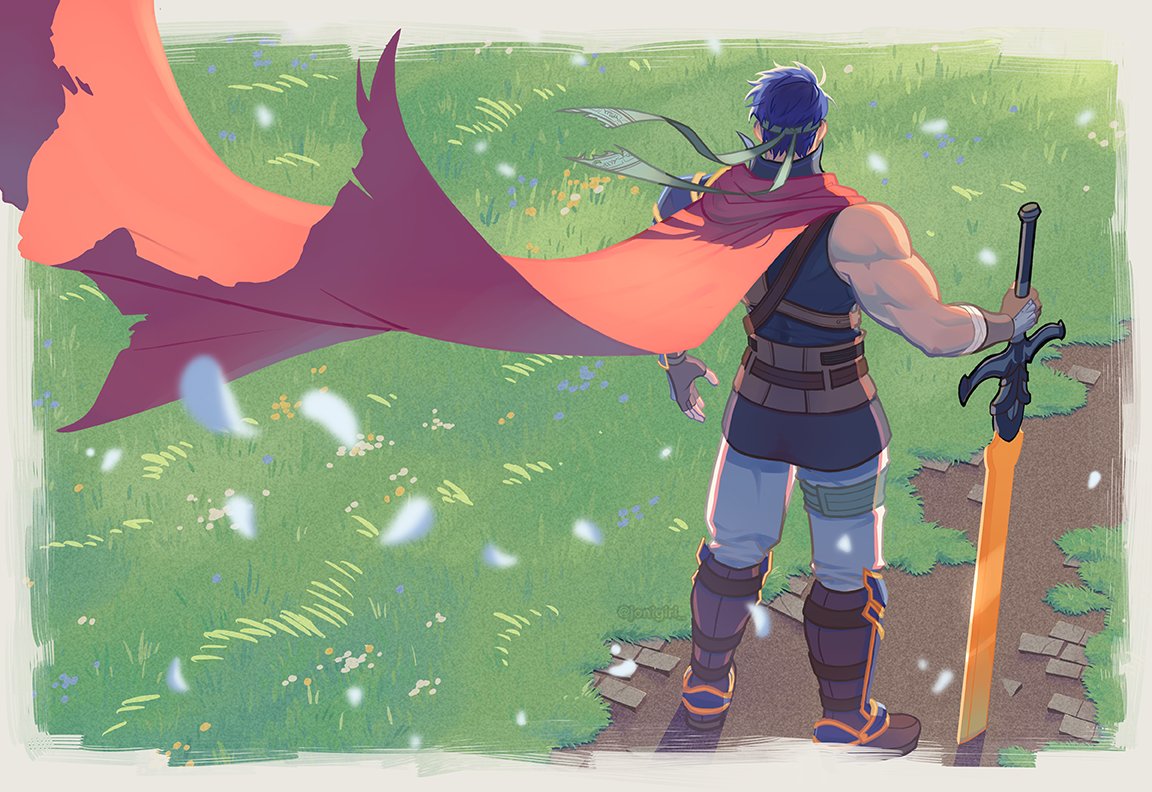 1boy, blue_hair, blue_tunic, boots, border, brown_gloves, cape, commentary