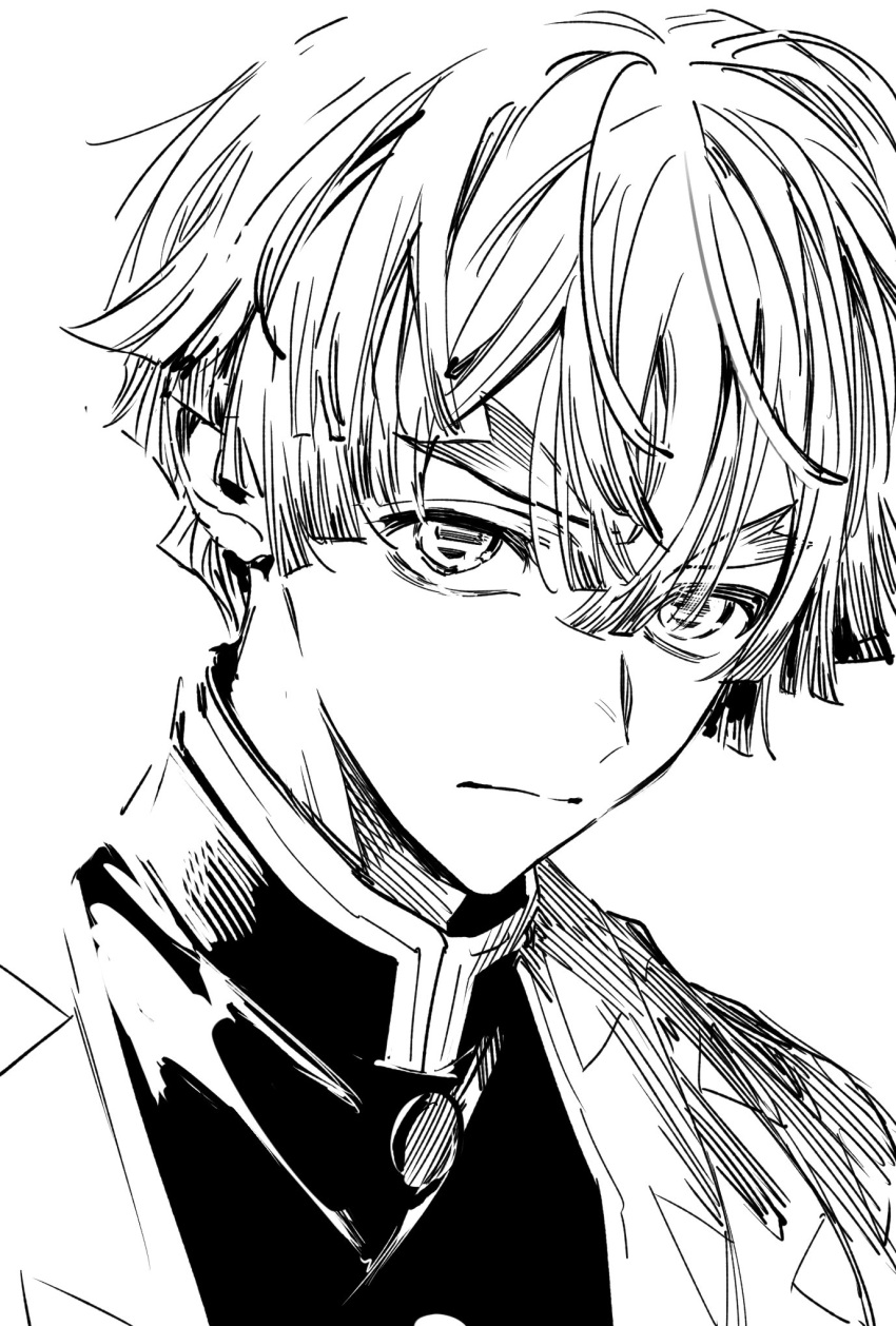 1boy, agatsuma_zenitsu, close-up, closed_mouth, commentary_request, demon_slayer_uniform, donut_tabetai, frown