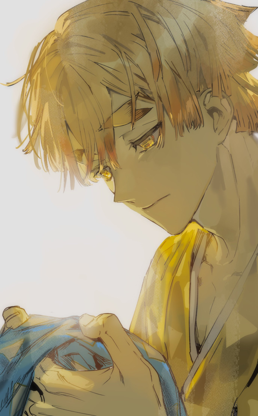 1boy, agatsuma_zenitsu, blonde_hair, close-up, collarbone, commentary_request, donut_tabetai, from_side