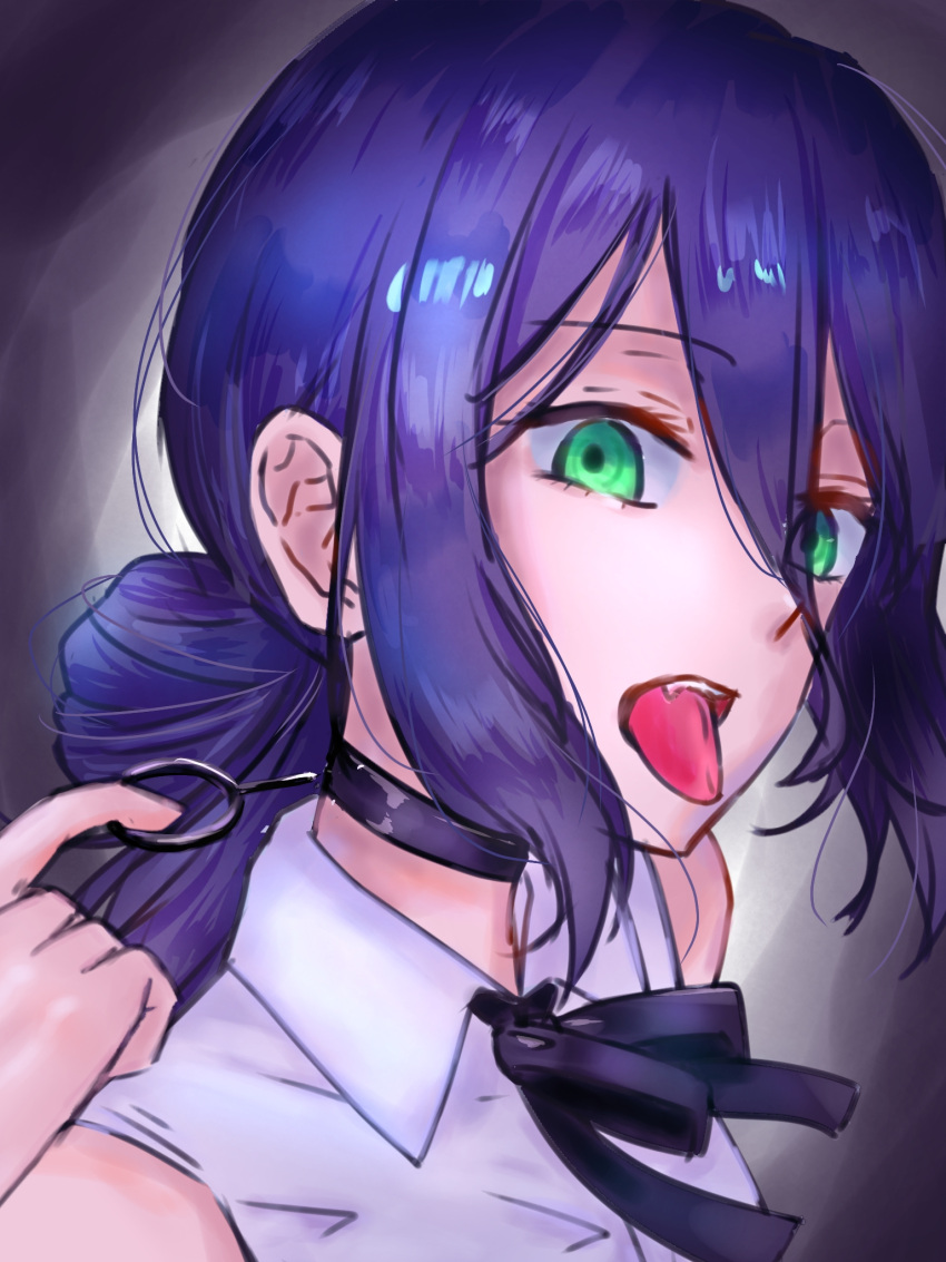 1girl, black_choker, black_ribbon, chainsaw_man, choker, collared_shirt, green_eyes, grenade_pin