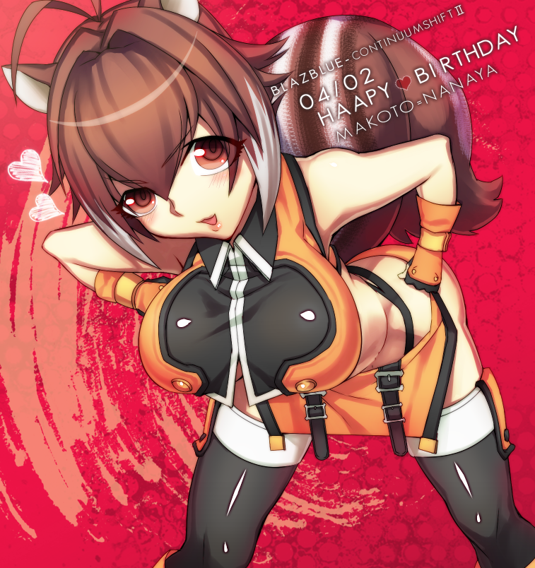 animal_ears, antenna_hair, bare_shoulders, blazblue, blush, breasts, brown_eyes, brown_hair, cleavage, fingerless_gloves, gloves, jou_(frog-style), makoto_nanaya, short_hair, skirt, smile, solo, squirrel_ears, squirrel_girl, squirrel_tail, tail, thigh-highs