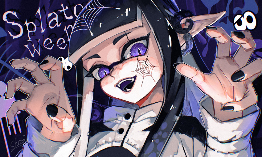 1girl, black_hair, black_nails, commentary, earrings, eyelashes, halloween, highres