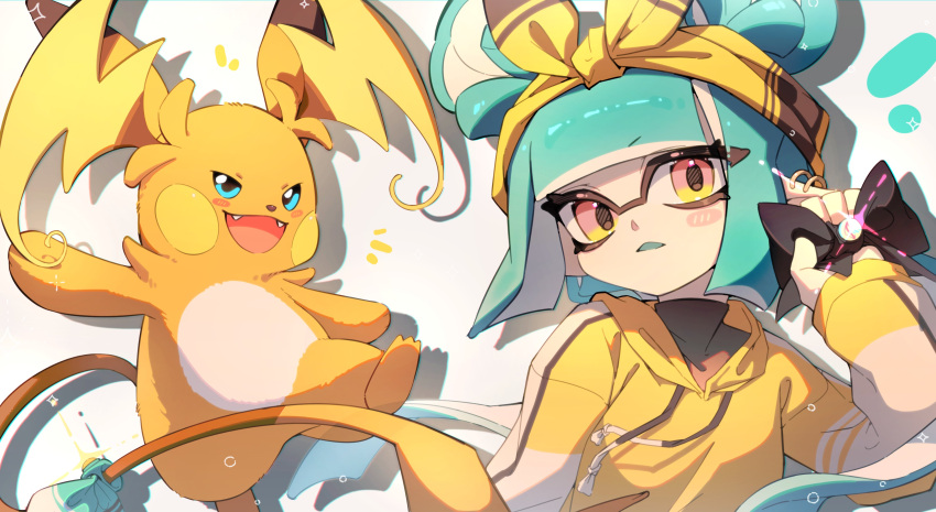 1girl, absurdres, aqua_hair, black_bow, blue_eyes, bow, chu_u0spl, fangs