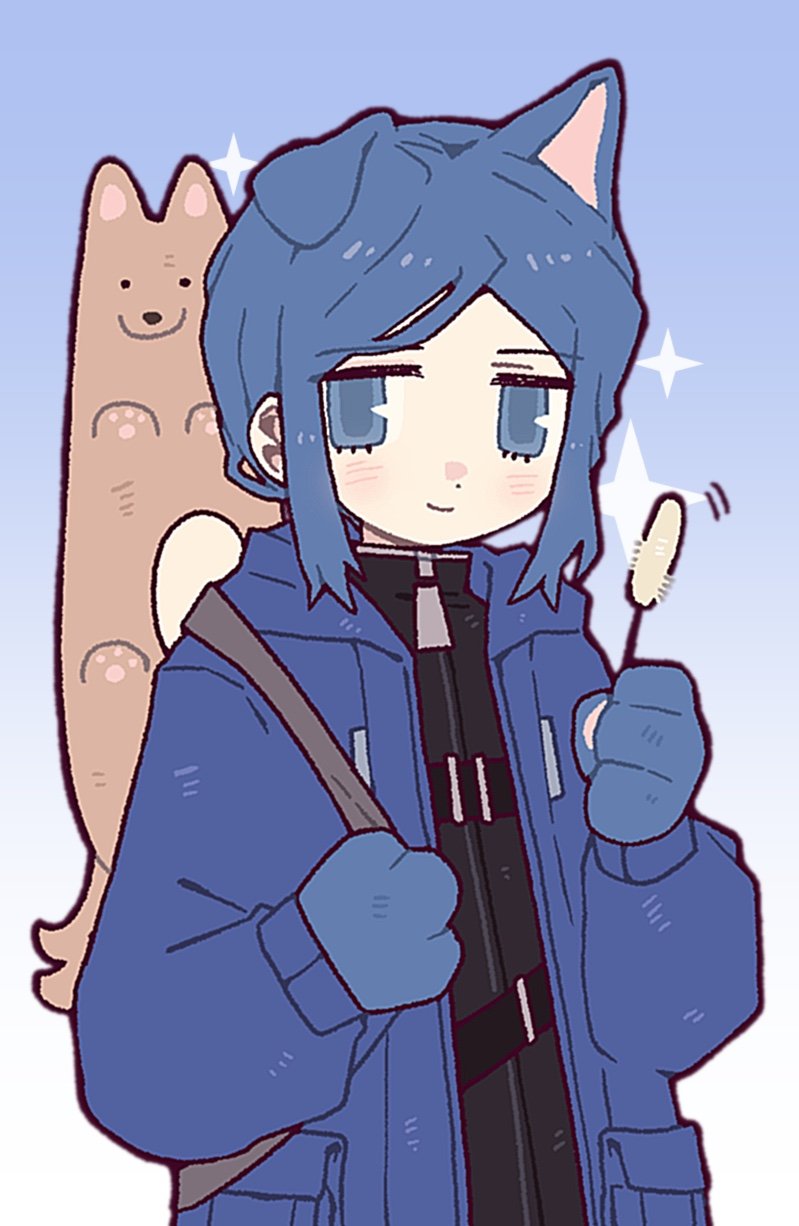 1girl, animal_ears, animal_hands, bari_(project_moon), black_coat, blue_background, blue_eyes, blue_hair, blue_jacket, brown_fur, cat_teaser, coat, dog, dog_ears, dog_girl, highres, jacket, jacket_over_coat, limbus_company, looking_at_viewer, project_moon, short_hair, sidelocks, simple_background, smile, solo, upper_body, yesheng_zong_ren