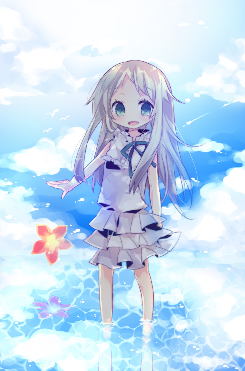 ana_(rznuscrf), ano_hi_mita_hana_no_namae_wo_bokutachi_wa_mada_shiranai, aqua_eyes, bad_id, barefoot, dress, flower, green_eyes