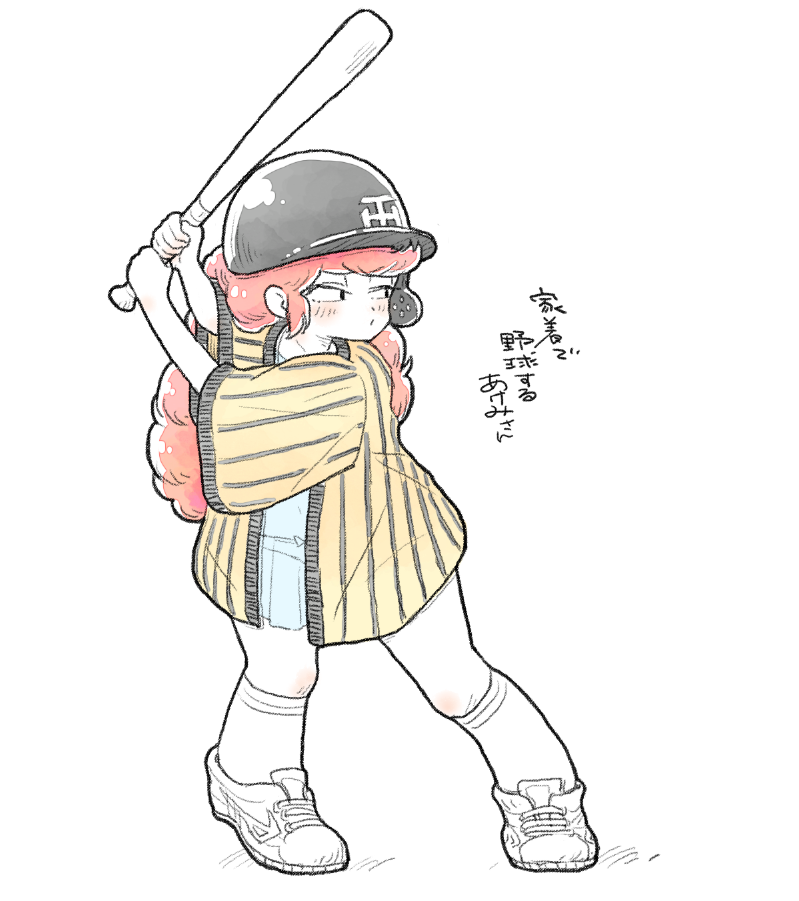 aged_down, athletic_shoes, baseball, baseball_bat, baseball_helmet, baseball_jersey, batting_stance, curly_hair, helmet, holding, holding_baseball_bat, jersey, long_hair, maison_ikkoku, metal_baseball_bat, nyx666, plump, red_hair, roppongi_akemi, shirt_under_shirt, sketch, socks, sportswear, spot_color, squinting, takahashi_rumiko_(style), translation_request