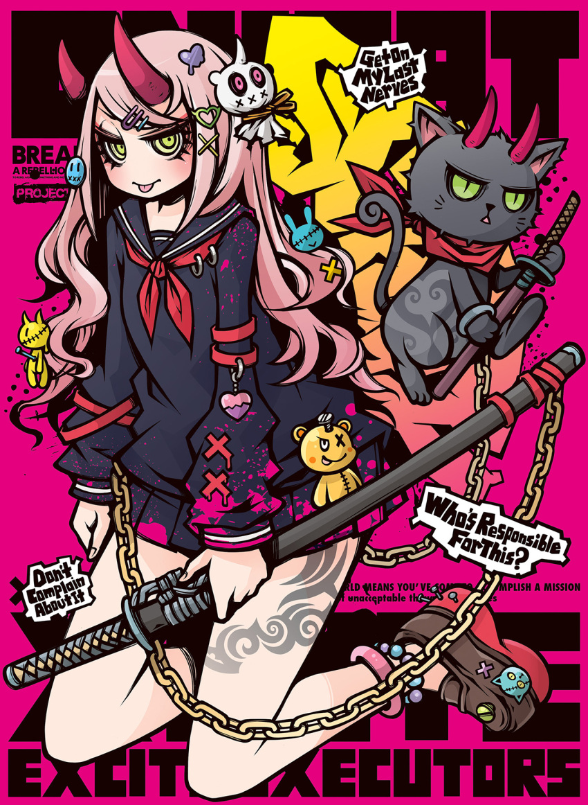 1girl, absurdly_detailed_composition, anklet, bandana, cat, chain, decora, doll_hair_ornament