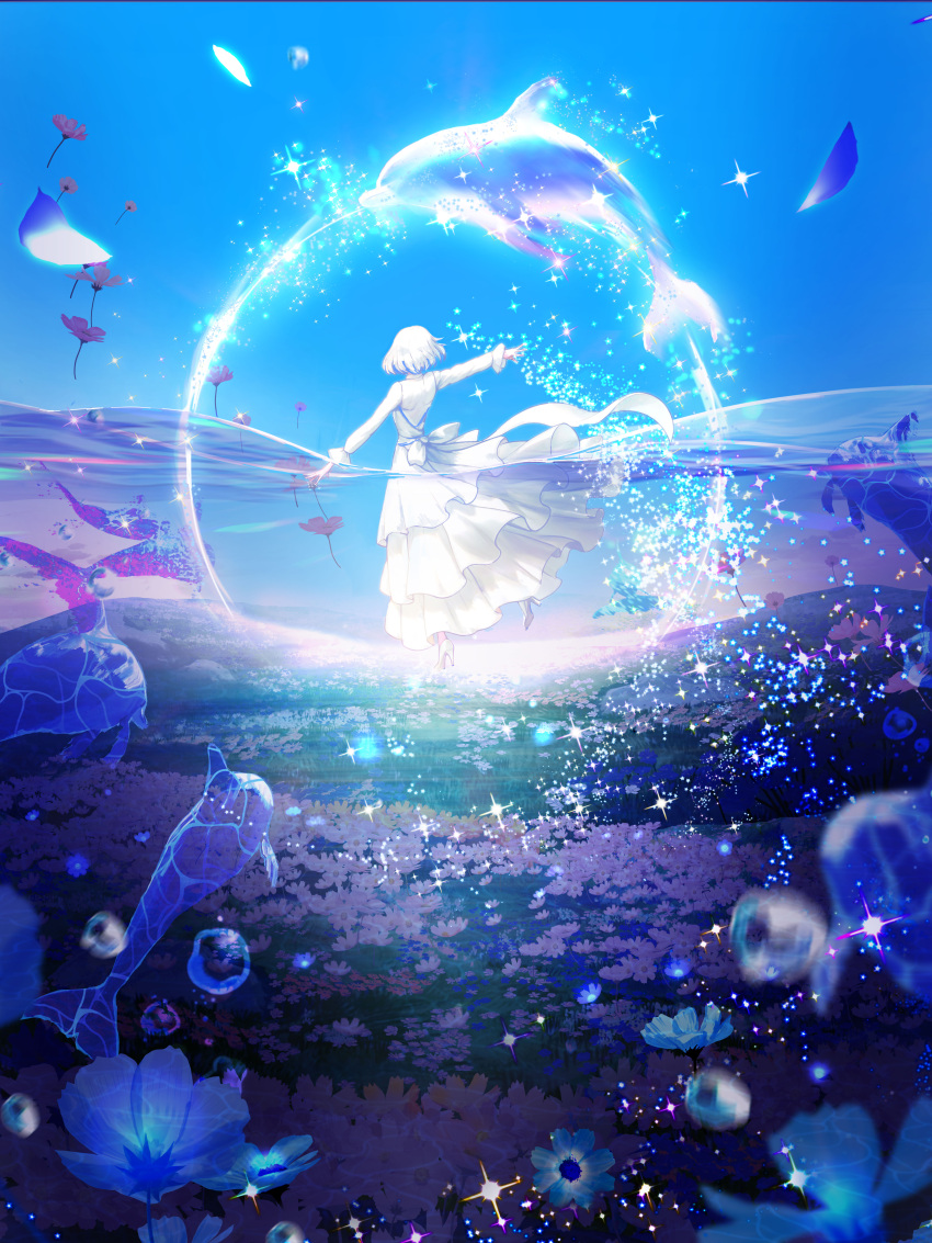 1girl, absurdres, blue_theme, bob_cut, bug, butterfly, daisy_(flower), dancing