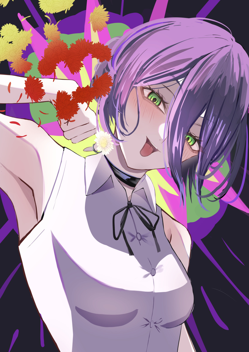 1girl, absurdres, armpits, black_choker, black_ribbon, breasts, chainsaw_man, choker, erimakie20, green_eyes, highres, imminent_explosion, open_mouth, purple_hair, reze_(chainsaw_man), ribbon, shirt, sleeveless, sleeveless_shirt, small_breasts, solo, tongue, tongue_out, white_shirt